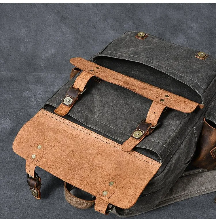 Waxed Canvas Leather Mens 15" Laptop Backpack Army Green Travel Backpack College Backpack for Men