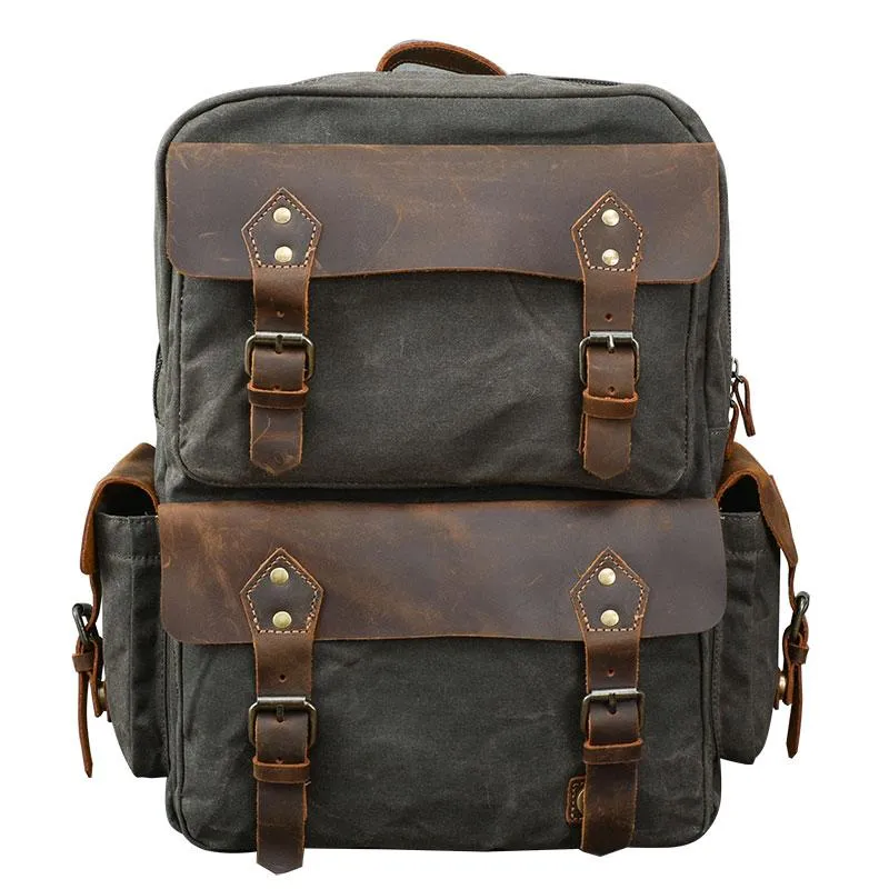 Waxed Canvas Leather Mens 15" Laptop Backpack Army Green Travel Backpack College Backpack for Men