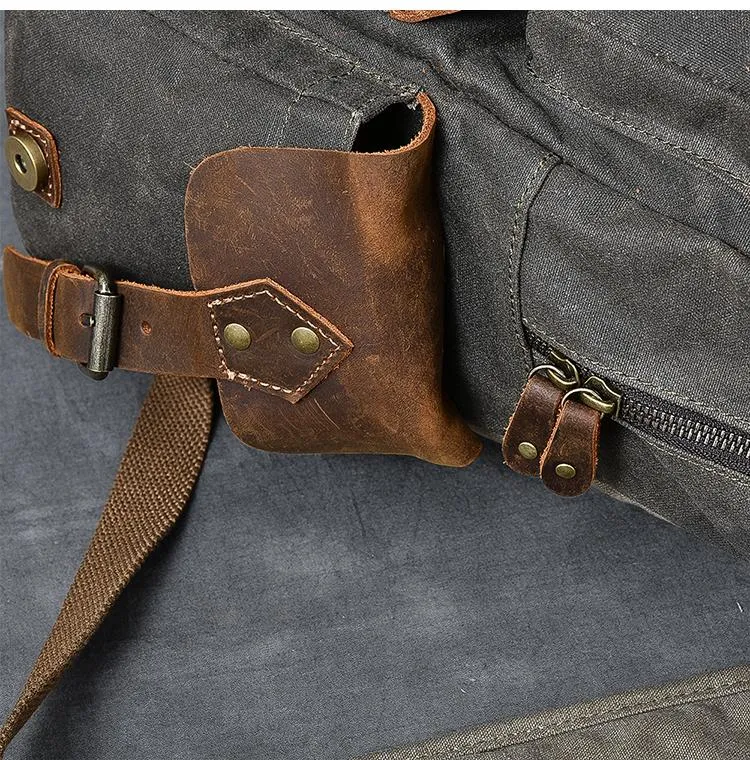 Waxed Canvas Leather Mens 15" Laptop Backpack Army Green Travel Backpack College Backpack for Men