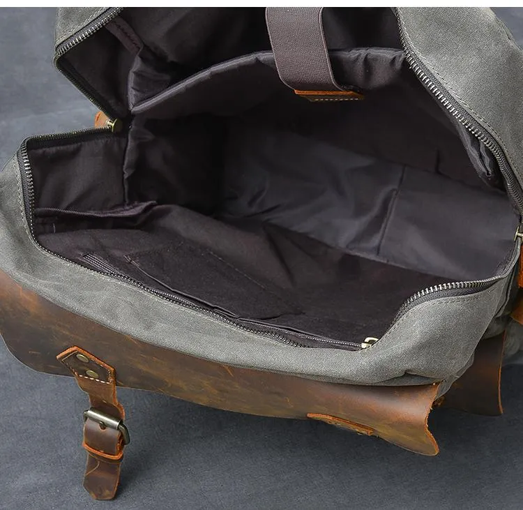 Waxed Canvas Leather Mens 15" Laptop Backpack Army Green Travel Backpack College Backpack for Men