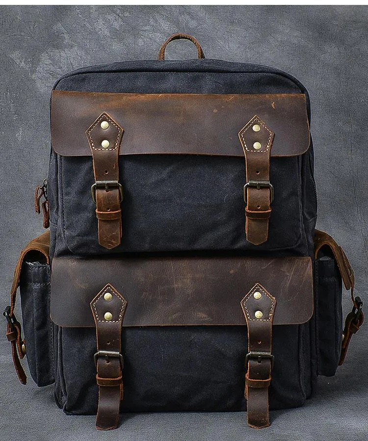 Waxed Canvas Leather Mens 15" Laptop Backpack Army Green Travel Backpack College Backpack for Men