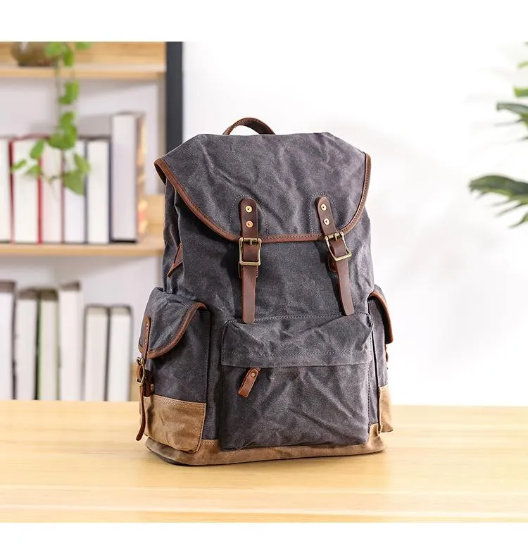 Waxed Canvas Leather Mens Army Green 15???? Large Backpack Travel Backpack College Backpack for Men