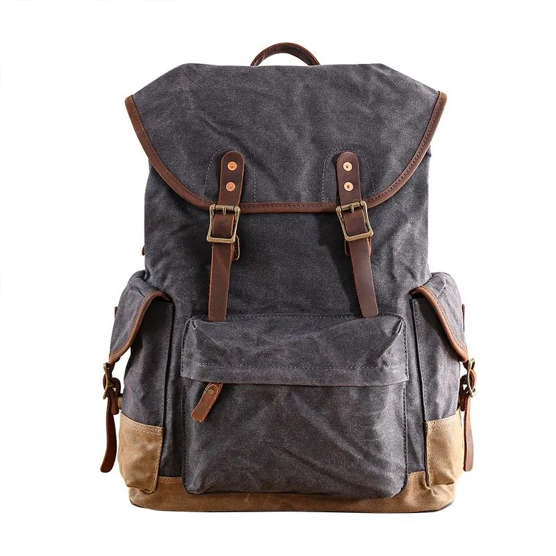 Waxed Canvas Leather Mens Army Green 15???? Large Backpack Travel Backpack College Backpack for Men