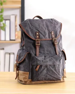 Waxed Canvas Leather Mens Army Green 15???? Large Backpack Travel Backpack College Backpack for Men