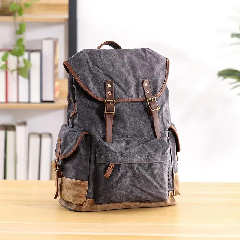 Waxed Canvas Leather Mens Army Green 15???? Large Backpack Travel Backpack College Backpack for Men