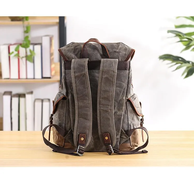 Waxed Canvas Leather Mens Army Green 15???? Large Backpack Travel Backpack College Backpack for Men