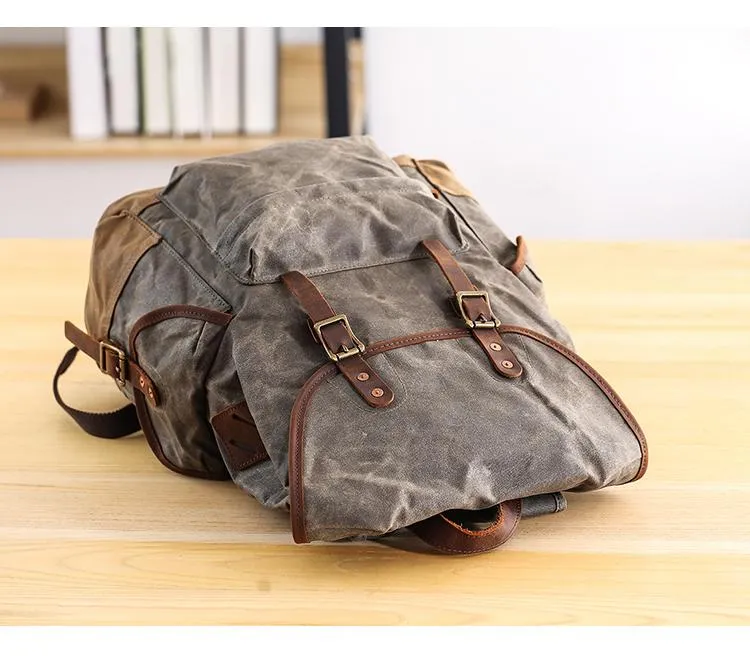 Waxed Canvas Leather Mens Army Green 15???? Large Backpack Travel Backpack College Backpack for Men