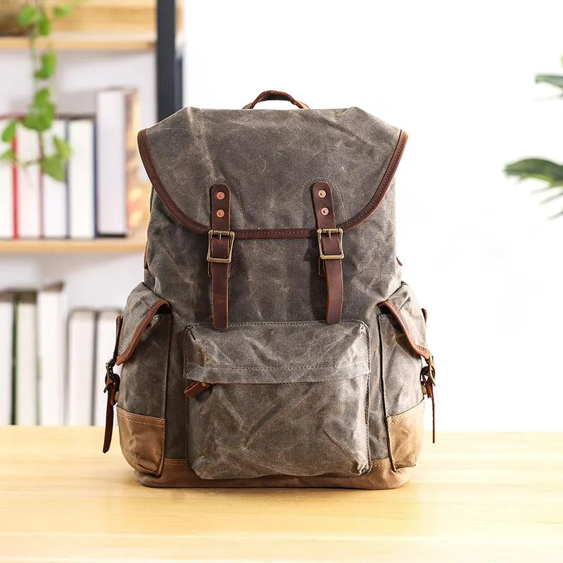 Waxed Canvas Leather Mens Army Green 15???? Large Backpack Travel Backpack College Backpack for Men