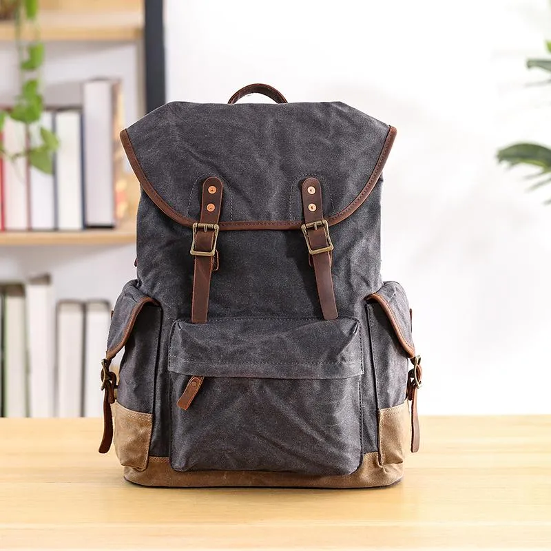 Waxed Canvas Leather Mens Army Green 15???? Large Backpack Travel Backpack College Backpack for Men