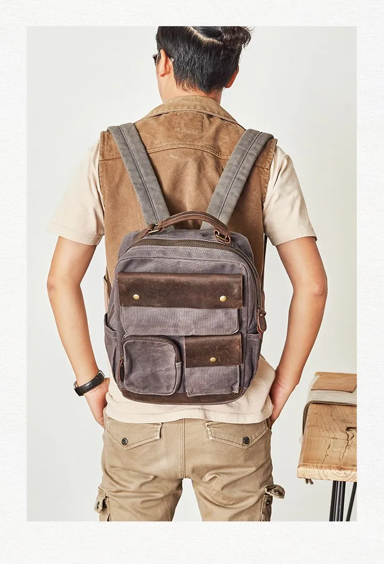 Waxed Canvas Leather Mens Backpack 14 inches Canvas Travel Backpack Canvas Computer Backpack for Men