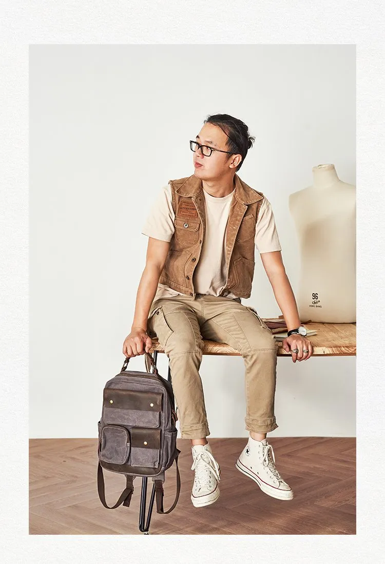 Waxed Canvas Leather Mens Backpack 14 inches Canvas Travel Backpack Canvas Computer Backpack for Men