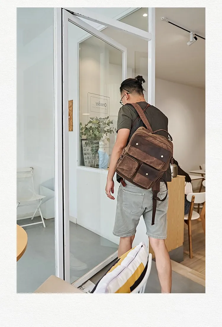 Waxed Canvas Leather Mens Backpack 14 inches Canvas Travel Backpack Canvas Computer Backpack for Men