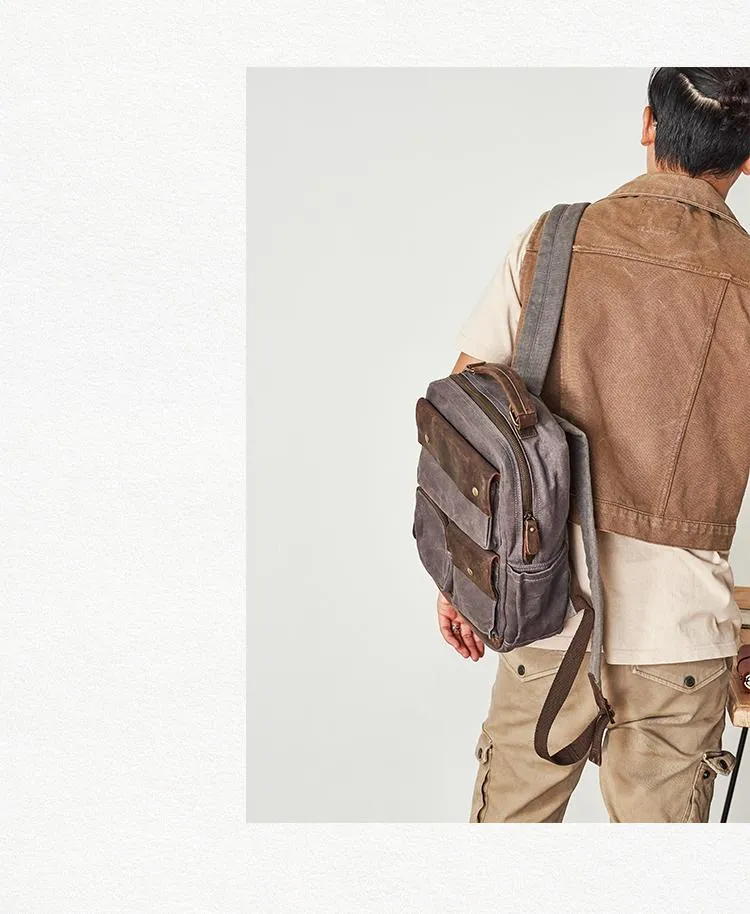 Waxed Canvas Leather Mens Backpack 14 inches Canvas Travel Backpack Canvas Computer Backpack for Men