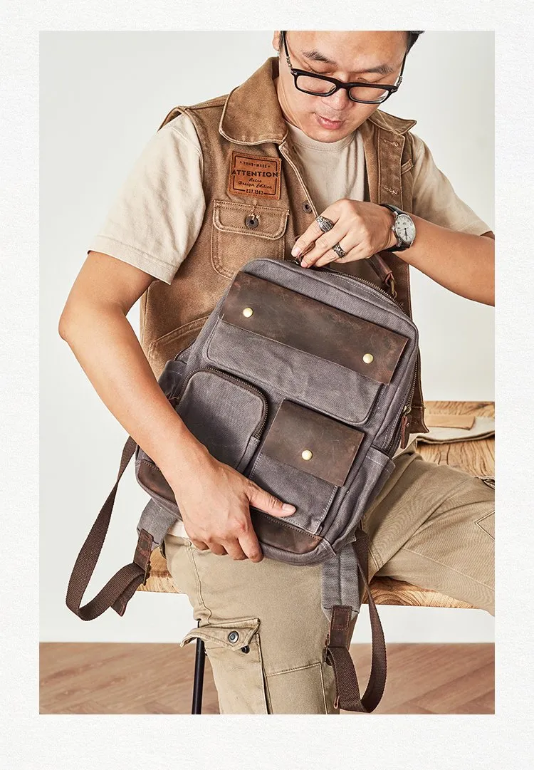 Waxed Canvas Leather Mens Backpack 14 inches Canvas Travel Backpack Canvas Computer Backpack for Men