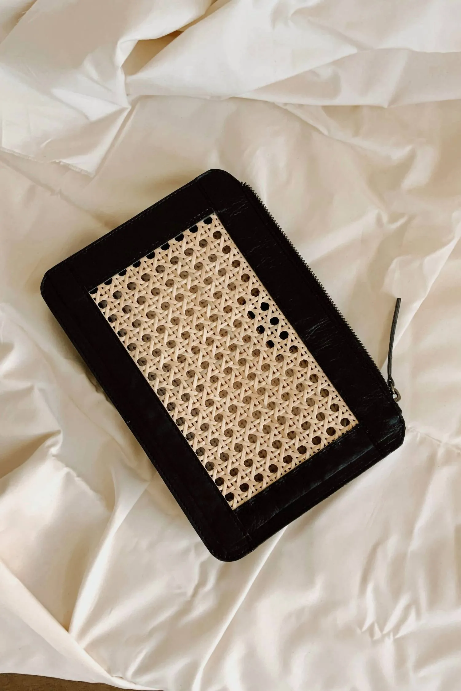 Women Rattan And Leather Clutch In Black