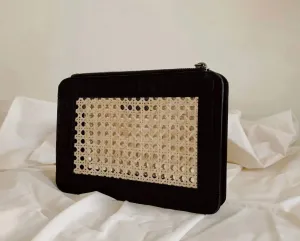 Women Rattan And Leather Clutch In Black