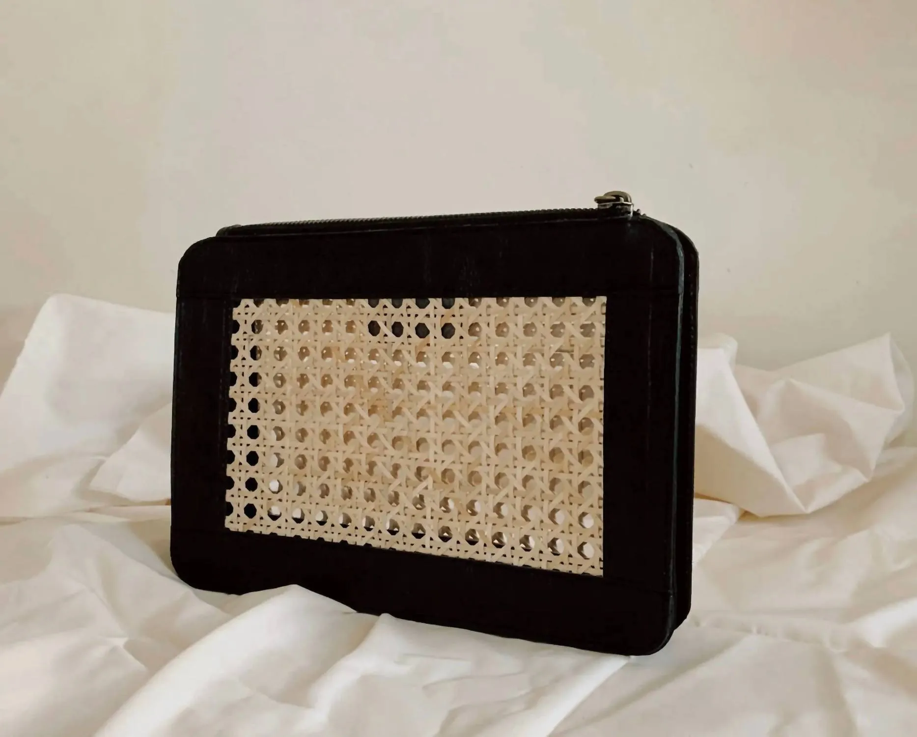 Women Rattan And Leather Clutch In Black