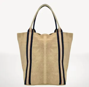 Women Suede And Stripe Tote Bag In Light Tan