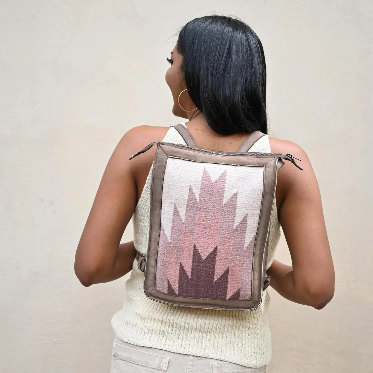 Women's Artisan Made Slim Leather Backpack In Pink Oaxacan Textile