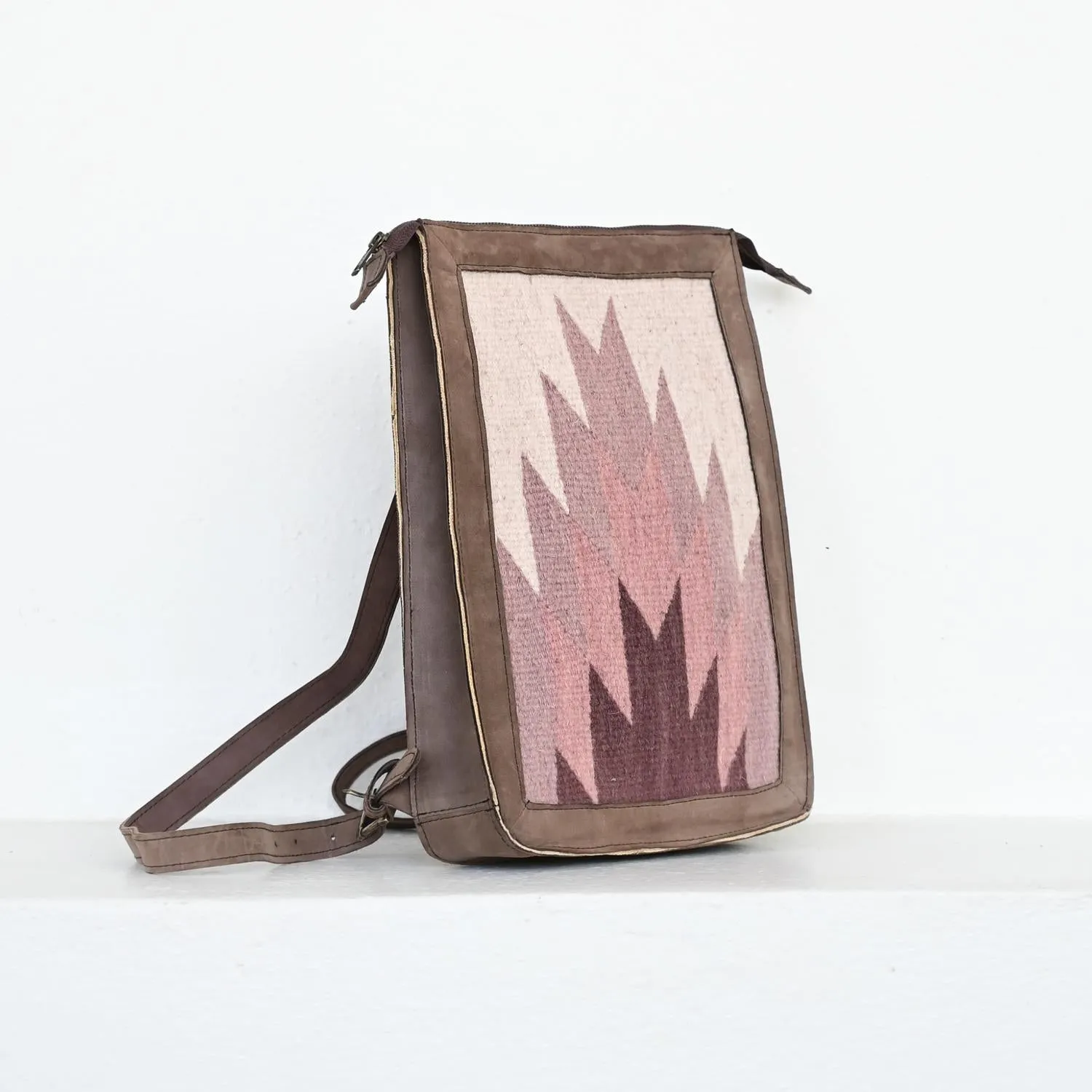 Women's Artisan Made Slim Leather Backpack In Pink Oaxacan Textile