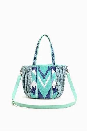 Women's Beaded Ruched Tote With Crossbody Strap In Blue Chevron