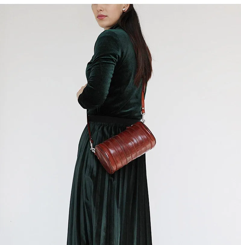 Womens Brown Small Leather Barrel Crossbody Bag Vintage Barrel Shoulder Bag for Ladies