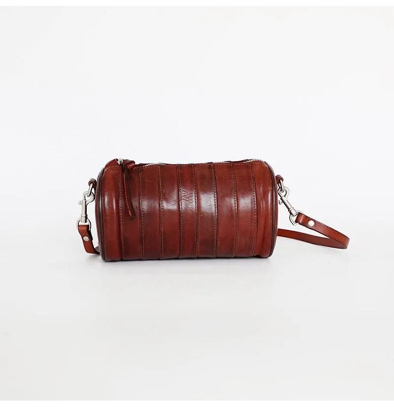 Womens Brown Small Leather Barrel Crossbody Bag Vintage Barrel Shoulder Bag for Ladies