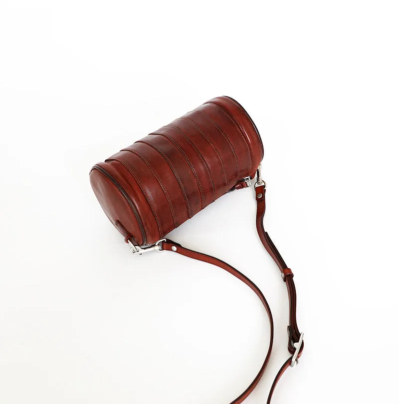 Womens Brown Small Leather Barrel Crossbody Bag Vintage Barrel Shoulder Bag for Ladies
