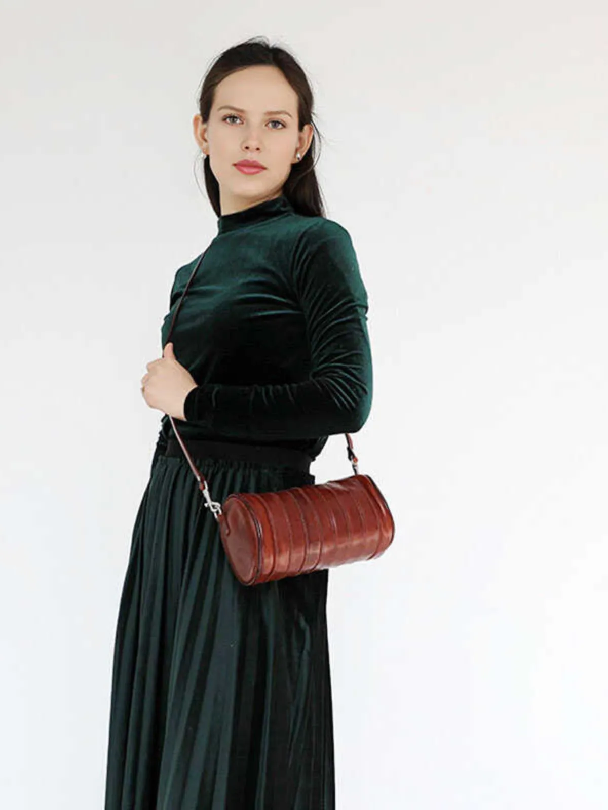 Womens Brown Small Leather Barrel Crossbody Bag Vintage Barrel Shoulder Bag for Ladies
