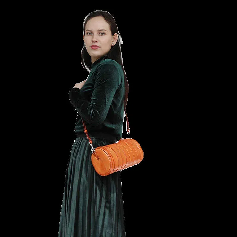 Womens Brown Small Leather Barrel Crossbody Bag Vintage Barrel Shoulder Bag for Ladies