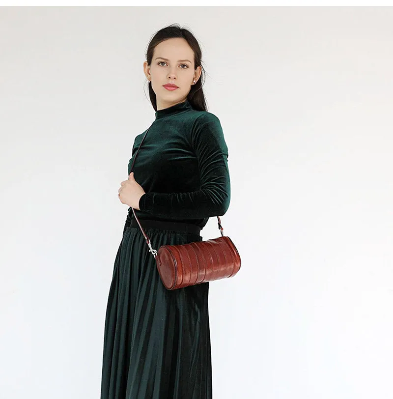 Womens Brown Small Leather Barrel Crossbody Bag Vintage Barrel Shoulder Bag for Ladies