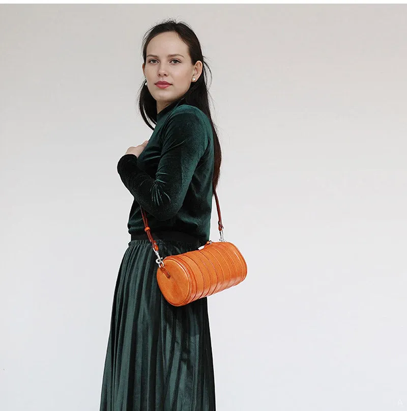 Womens Brown Small Leather Barrel Crossbody Bag Vintage Barrel Shoulder Bag for Ladies