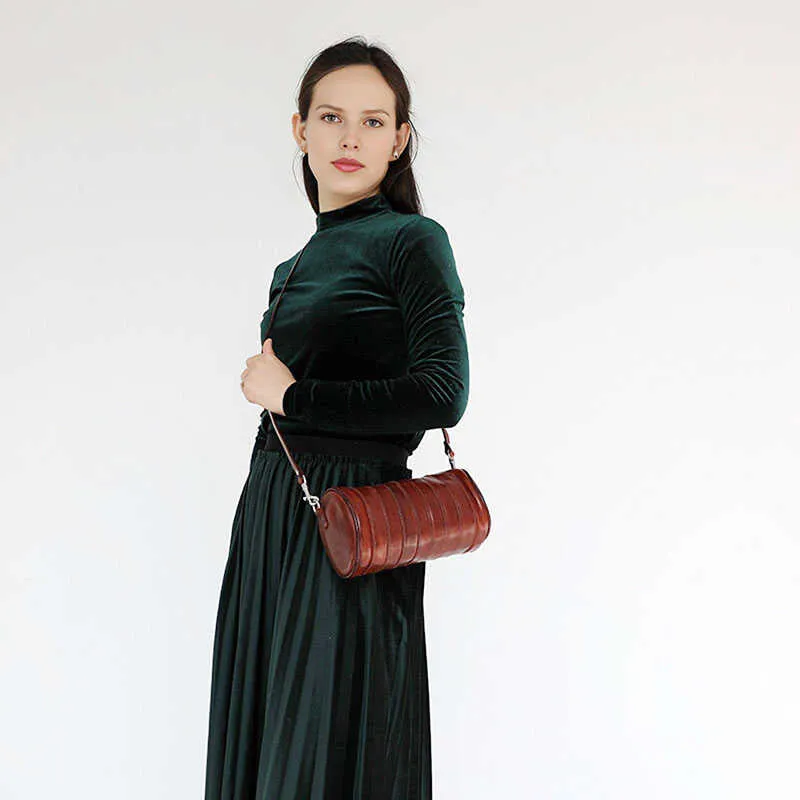 Womens Brown Small Leather Barrel Crossbody Bag Vintage Barrel Shoulder Bag for Ladies