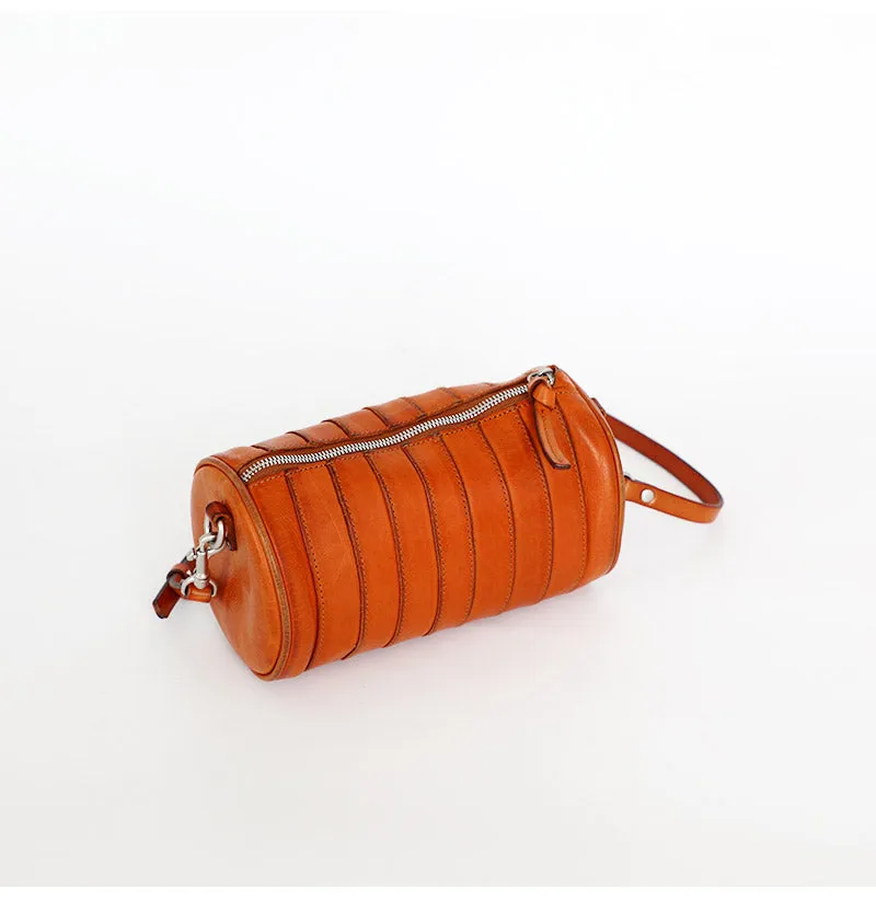 Womens Brown Small Leather Barrel Crossbody Bag Vintage Barrel Shoulder Bag for Ladies