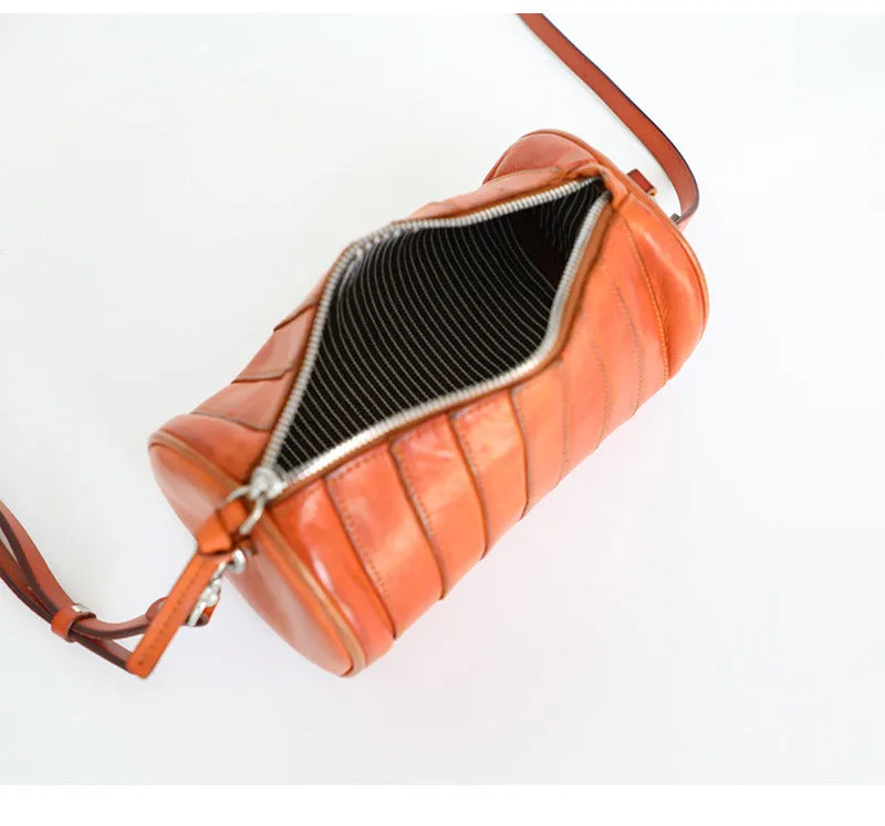 Womens Brown Small Leather Barrel Crossbody Bag Vintage Barrel Shoulder Bag for Ladies