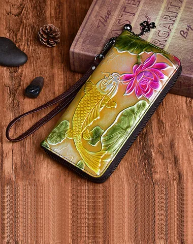 Womens Carp&Lotus Flower Silver Leather Zip Around Wallet Wristlet Wallet Floral Ladies Zipper Clutch Wallet for Women
