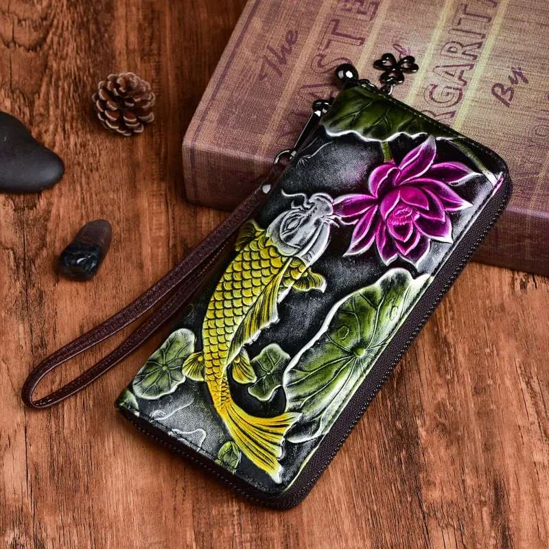 Womens Carp&Lotus Flower Silver Leather Zip Around Wallet Wristlet Wallet Floral Ladies Zipper Clutch Wallet for Women