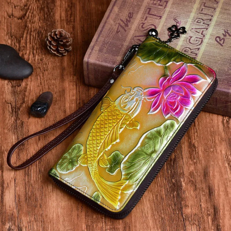 Womens Carp&Lotus Flower Silver Leather Zip Around Wallet Wristlet Wallet Floral Ladies Zipper Clutch Wallet for Women