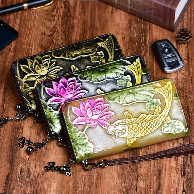 Womens Carp&Lotus Flower Silver Leather Zip Around Wallet Wristlet Wallet Floral Ladies Zipper Clutch Wallet for Women