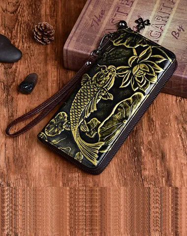 Womens Carp&Lotus Flower Silver Leather Zip Around Wallet Wristlet Wallet Floral Ladies Zipper Clutch Wallet for Women