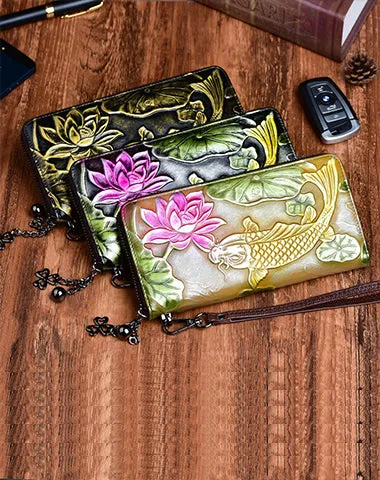 Womens Carp&Lotus Flower Silver Leather Zip Around Wallet Wristlet Wallet Floral Ladies Zipper Clutch Wallet for Women
