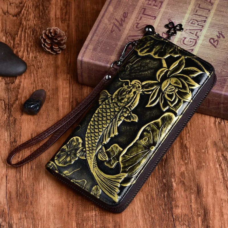 Womens Carp&Lotus Flower Silver Leather Zip Around Wallet Wristlet Wallet Floral Ladies Zipper Clutch Wallet for Women
