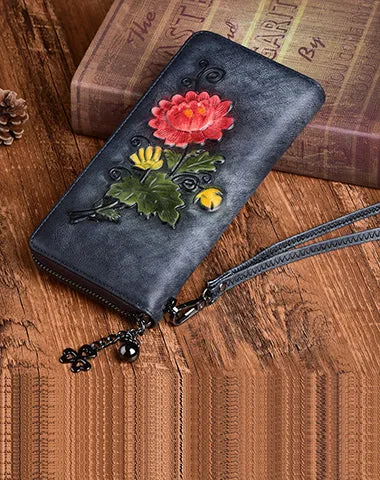 Womens Coffee Leather Zip Around Wallet Chrysanthemum Flower Wristlet Wallet Floral Ladies Zipper Clutch Wallet for Women