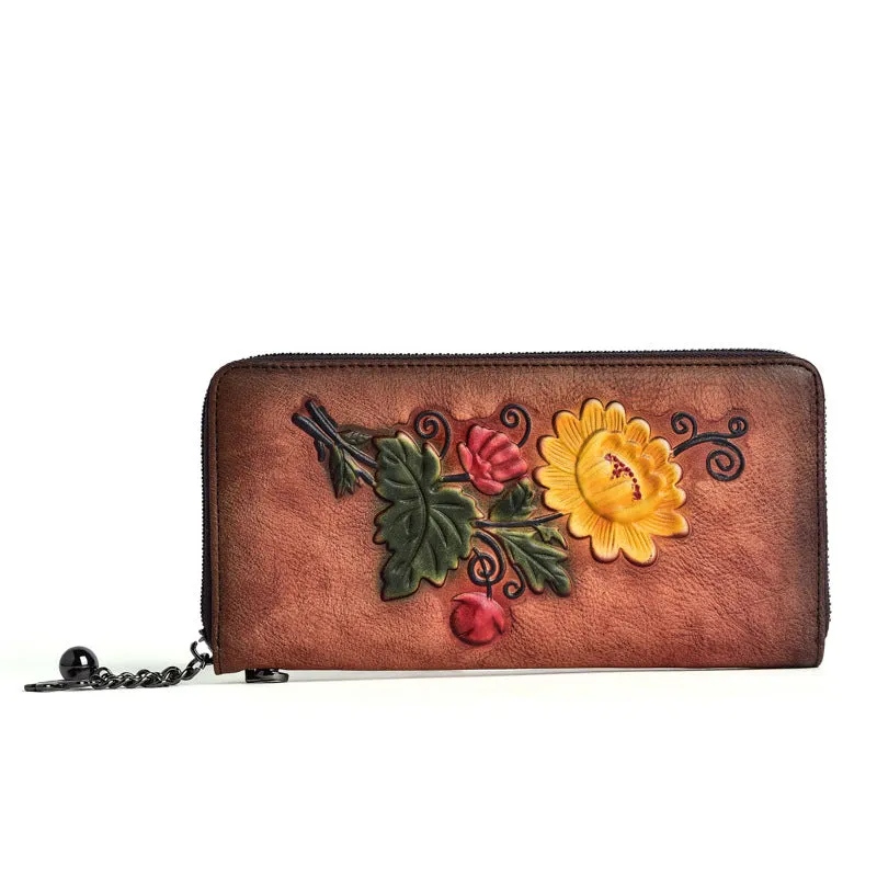 Womens Coffee Leather Zip Around Wallet Chrysanthemum Flower Wristlet Wallet Floral Ladies Zipper Clutch Wallet for Women