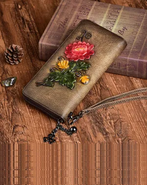 Womens Coffee Leather Zip Around Wallet Chrysanthemum Flower Wristlet Wallet Floral Ladies Zipper Clutch Wallet for Women