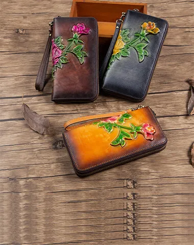Womens Coffee Leather Zip Around Wallets Peony Flower Wristlet Wallets Floral Ladies Zipper Clutch Wallet for Women