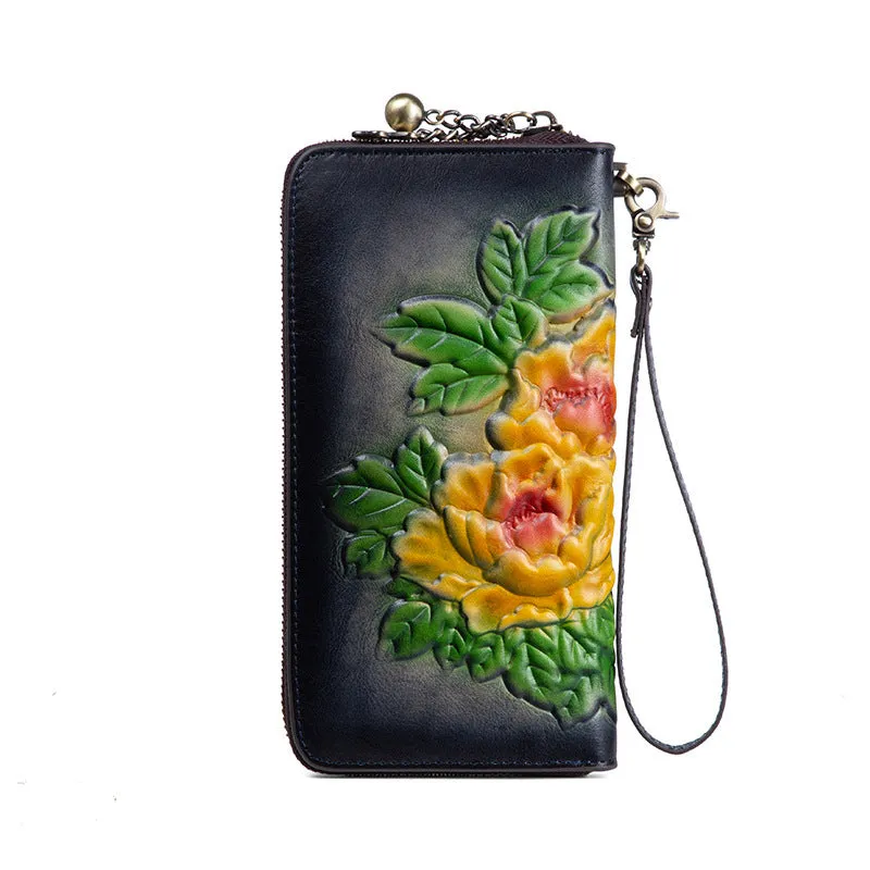 Womens Coffee Leather Zip Around Wallets Peony Flower Wristlet Wallets Floral Ladies Zipper Clutch Wallet for Women