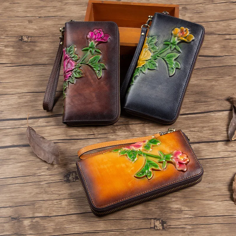 Womens Coffee Leather Zip Around Wallets Peony Flower Wristlet Wallets Floral Ladies Zipper Clutch Wallet for Women