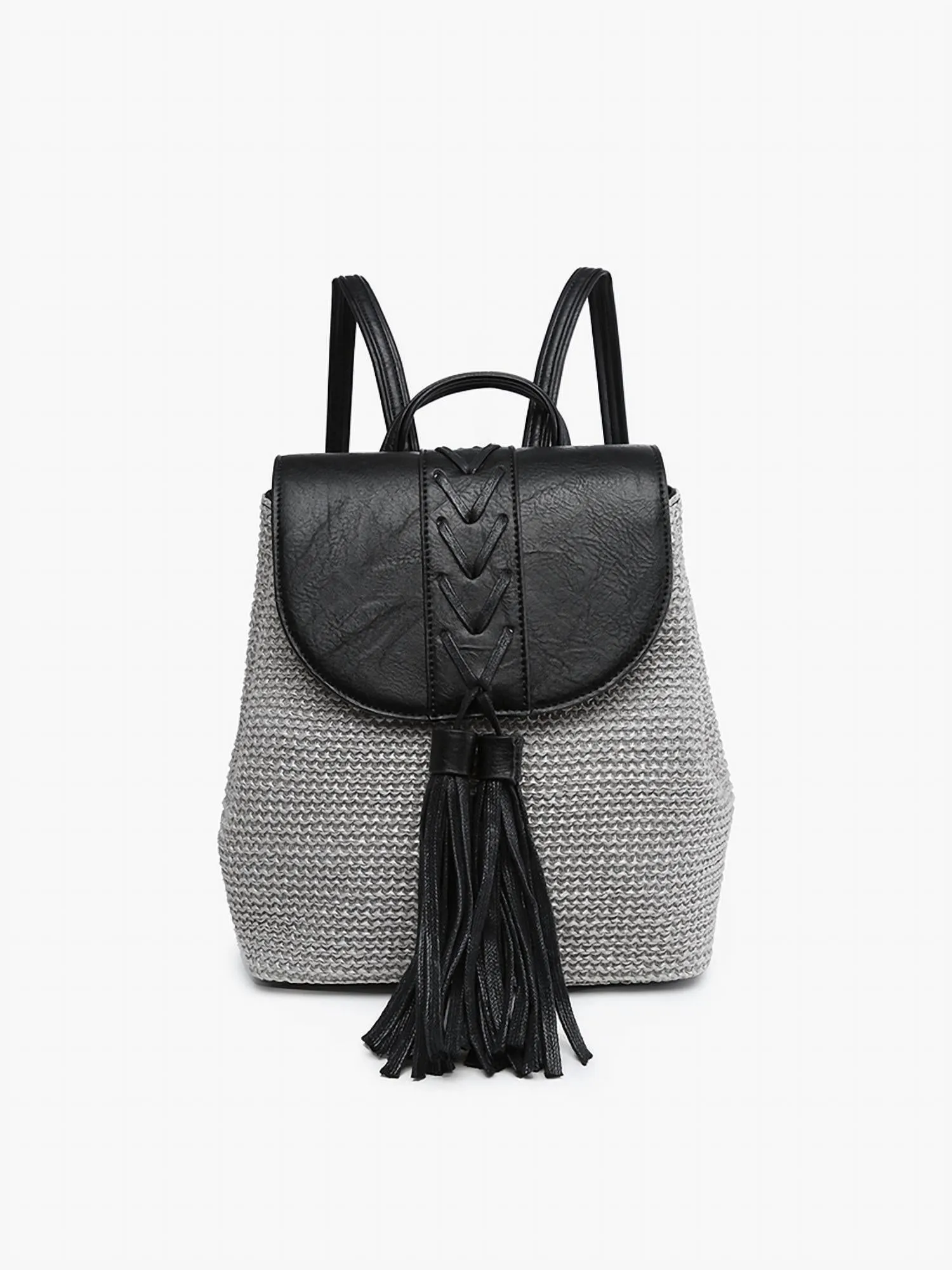 Women's Eleanora Straw Backpack W/ Vegan Leather Detail In Grey/black