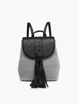 Women's Eleanora Straw Backpack W/ Vegan Leather Detail In Grey/black